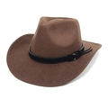 Detailed side view of a brown felt cowboy hat with leather band and gold metal buckle - M (56-58cm) / Coffee