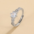 Classic silver crown ring with six-prong round zircon and twisted pave band - Intertwined Twist Style / Silver