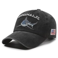 Black washed cotton baseball cap featuring embroidered shark and US flag patch. - Adjustable / Black