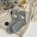 Classic grey cotton crew socks with white horse embroidery and heart wave patterns - One Size / Grey Pony