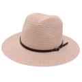 Dettaglio cappello panama rosa con trama in paglia intrecciata e cinturino in pelle - Taglia Unica (Paglia Piatta) / Rosa Carne (Fascia in Pelle Nera)
