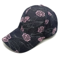 Détail d'une casquette de baseball en jean bleu foncé avec broderie florale rose et usée - M(56-58cm) / Noir