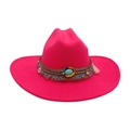 Chapeau de cowboy rose vif avec perles bohèmes et décoration de pompons turquoise - Taille unique / Rose rouge