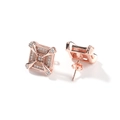 Detail of square rose gold stud earrings featuring dragon claw set zircon stones - 12mm / Rose Gold