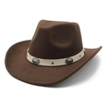Detail of dark brown wool cowboy hat with wide brim and ornate silver metal concho band - Coffee