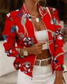 Women's long sleeve red cardigan jacket with nautical anchor print and metal zipper - S / Red