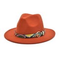 Detail of wool fedora featuring a colorful snakeskin pattern belt and gold metal buckle - M (56-58cm) / Caramel color