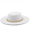 White flat top wide brim wool felt hat with decorative thick gold metal chain band - M (56-58cm) / 04 White