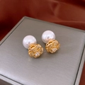 Elegant gold rose stud earrings with shimmering crystals and a white pearl accent - 67# Silver Earring Post-Gold-White-Pearl Rose
