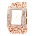 Macro detail of rose gold triple chain watch band encrusted with sparkling crystals - White Dial Rose Gold Strap With Diamonds