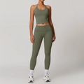 Olive green halter neck yoga set featuring high waist leggings and a cropped sports top - S / Light Army Green (Top+Leggings)