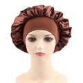 Detailed view of brown satin sleep bonnet with high-elastic wide band on head model - One Size / Coffee