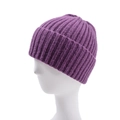 Detailed close-up of purple ribbed knit beanie with a wide folded cuff on a white model head - One Size (54-60cm) / Purple