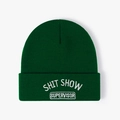 Dark green knitted beanie featuring a white Shit Show Supervisor embroidery design - Dark Green