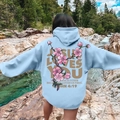 Light blue oversized hoodie featuring cherry blossom back print and religious slogan - S / Light Blue