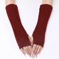 Winter red knitted fingerless gloves with classic cable knit pattern for warmth - One Size / Burgundy