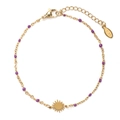Detailed view of golden stainless steel sun charm bracelet with purple bead accents - Purple