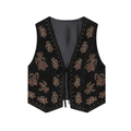 Gilet rétro noir en velours brodé de fleurs avec col en V et laçage frontal - XS / Broderie Noire