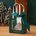 Dark green gift bag with transparent window, large bow, and woven ribbon handles - Dark Green + Teacher's Day Tag