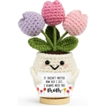 Handmade crochet potted tulips in white smiling pot with sentimental Mother's Day sign - Style 48 (No Base)