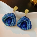 Deep blue irregular crystal cluster drop earrings with textured gold metal studs - 925 Silver Pin - Blue Fan-shaped Drop