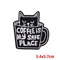 Embroidered black cat in coffee cup patch with COFFEE IS MY SAFE PLACE text, 5.4x5.7cm - Black Cat In Coffee Cup (PE8149CT)