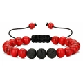 Handmade adjustable bracelet featuring red marble stones and black volcanic lava beads - Red Turquoise + Lava Stone