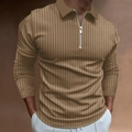 Detail of coffee brown ribbed polo shirt featuring a silver zipper neck and slim fit texture - Khaki