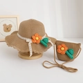 Kids straw hat and bag set in light brown with orange crochet flower and lace ties - Kids One Size / Brown / Hat and Bag Set