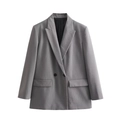 Minimalistische grijze double-breasted damesblazer met klepzakken in platte weergave op wit - XS / Spacegrijs