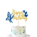 Detailansicht gold-blauer Glitzer Happy Birthday Tortenstecker mit Schmetterlingsdekor - Dunkelblau