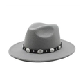Detail view of the gray felt fedora hat with bohemian style metal studded leather band - M (56-58cm) / Gray