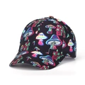 Close-up of black baseball cap with colorful cartoon mushroom pattern and curved brim - Black Colorful Mushroom