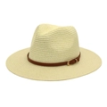 Close-up of beige straw Panama hat featuring a brown leather band and gold buckle detail - Cream