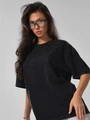 Vintage Oversize Baumwoll T-Shirt in Waschschwarz mit Strasssteinen im Streetstyle - M / Gewaschenes Schwarz