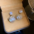 Macro shot of faux pearl earrings with golden crown setting and sparkling rhinestones - 2# Silver Needle / Gold Mermaid Luster Pearl (Real Gold Plated)