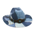 Western style patchwork denim cowboy hat with leather band and blue beaded metal buckle - One Size / Light Blue (Patchwork Style)