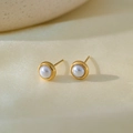 Minimalist pearl stud earrings with gold circular base and white pearl accents - One Pearl Earrings (QYG3207)