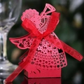 Red laser-cut hollow candy box with little girl design and matching ribbon bow - Pearlescent Red