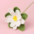 Handmade crochet flower with white petals and yellow pistil on a soft pink background - Poinsettia Stem - White