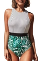 Detailed view of the striped neck and tropical leaf print on this one-piece swimsuit - S / Black Stripes + Green Flowers