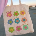 Beige canvas tote bag with colorful retro flower print and inspirational phrases - STD874-C Positive Vibes Smiley Flowers