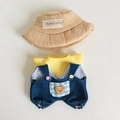 Beigefarbener Fischerhut, gelbes Oberteil und Jeans-Latzhose Set für 17cm Puppen - Brauner Fischerhut + Gelbes T-Shirt + Blau Karierte Denim-Latzhose 3-teiliges Set / Passend für 17cm Puppe