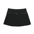 High waist black pleated mini skirt with belt and metal buckle on white background - XS / Black