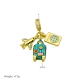Detailed view of 32mm gold travel charms including suitcase, plane, and passport with enamel - Airplane Suitcase Passport Set