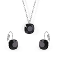 Silver stainless steel jewelry set featuring square black zircon necklace and earrings - Steel-Black Crystal