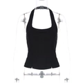 Close-up of black backless halter top with a slim fit cut and elastic ribbed fabric details - S / Black