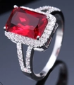 Elegant rectangle ruby ring with cubic zirconia halo and double row pavé band - Ur0592c