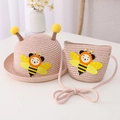 Pink cartoon bee straw hat and crossbody bag set for children's summer sun protection - Hat + Bag Set / Pink