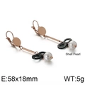 Rose gold long earrings featuring infinity design and shell pearls with size specs - Rose Gold-Black